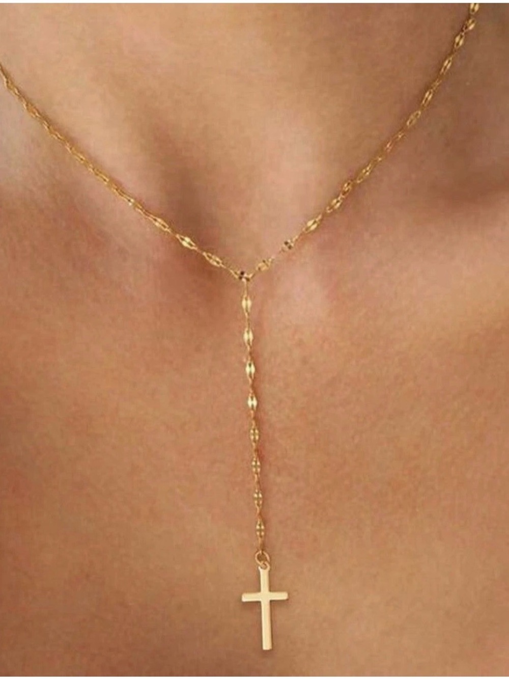 18K Gold Plated dainty Cross Lariat Necklace Stainless Steel Womens Jewelry - Picture 2 of 10